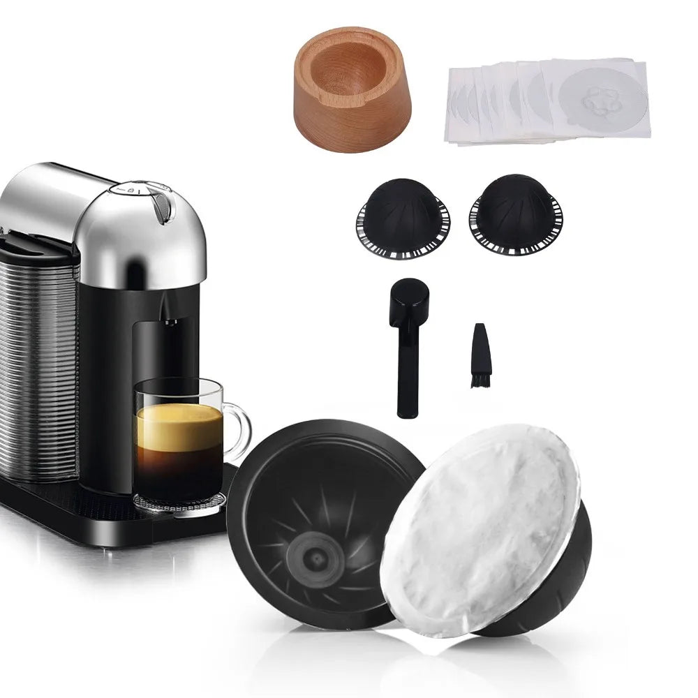 230ml Capacity Coffee Capsule Filter Cup Aluminum Foil Lid With Spoon Brush Capsule Refill Holder Set Black Color
